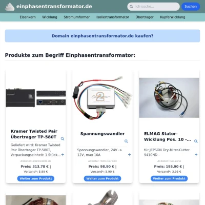Screenshot einphasentransformator.de
