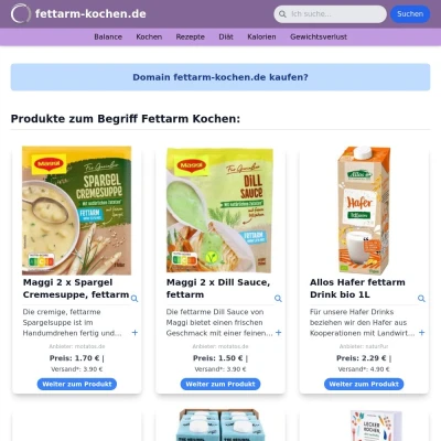 Screenshot fettarm-kochen.de