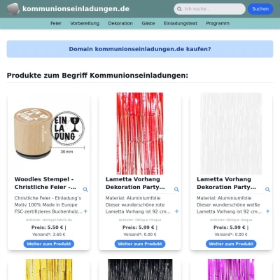 Screenshot kommunionseinladungen.de